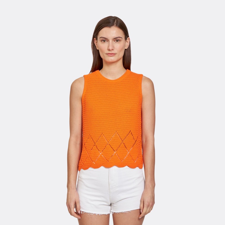 Autumn Cashmere Texture Stitch Shell W/ Pointell Diamond Border In Tangerine | Sweaters