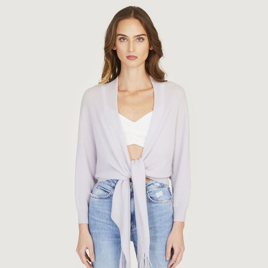 Autumn Cashmere Rib Fringed Tie Front Dolman In Oxygen | Cardigans