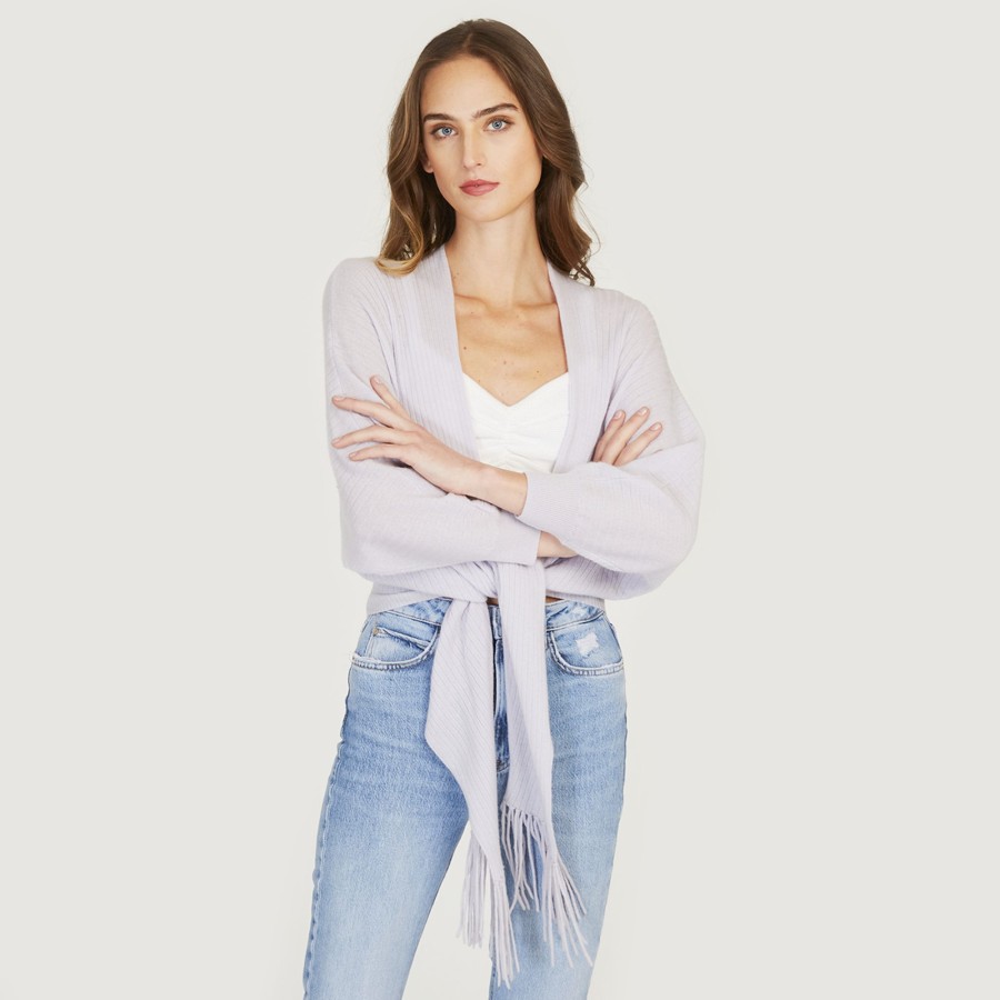 Autumn Cashmere Rib Fringed Tie Front Dolman In Oxygen | Cardigans