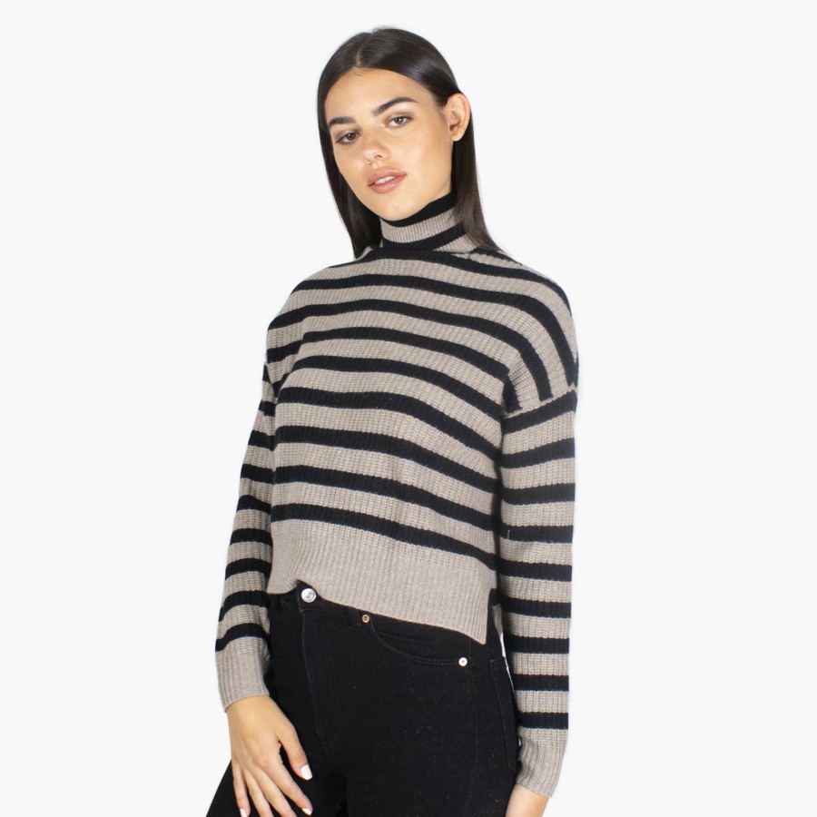 Autumn Cashmere 6 Ply Cropped Striped Shaker Mock | Sweaters