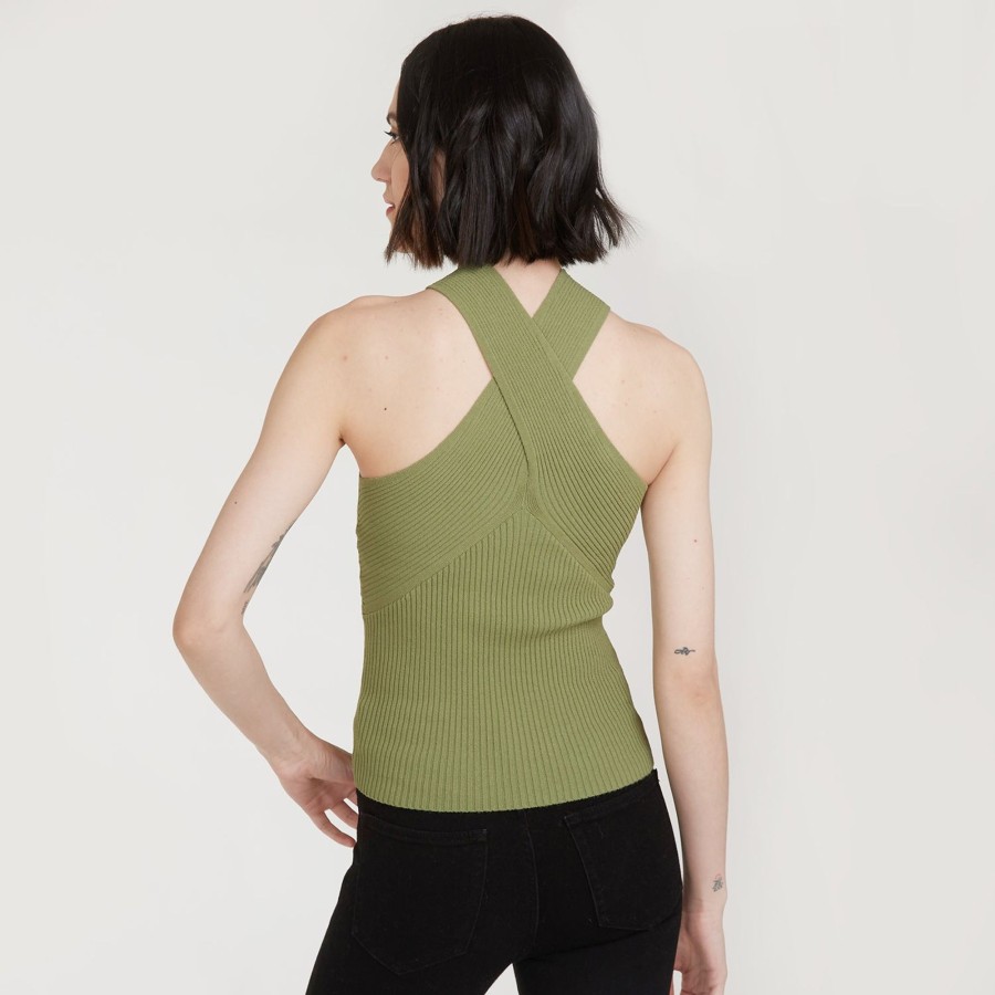 Autumn Cashmere Rib Crisscross Halter In Herb | Tops