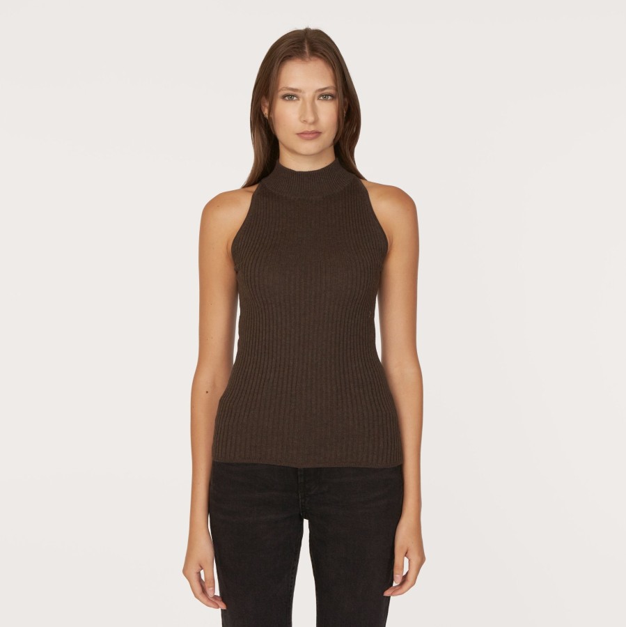 Autumn Cashmere Rib Mock Halter In Pumpernickel | Sweaters