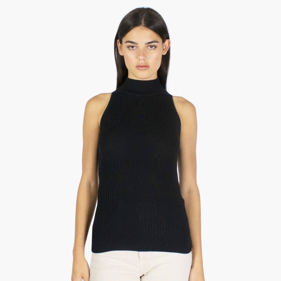 Autumn Cashmere Rib Mock Halter In Black | Tops