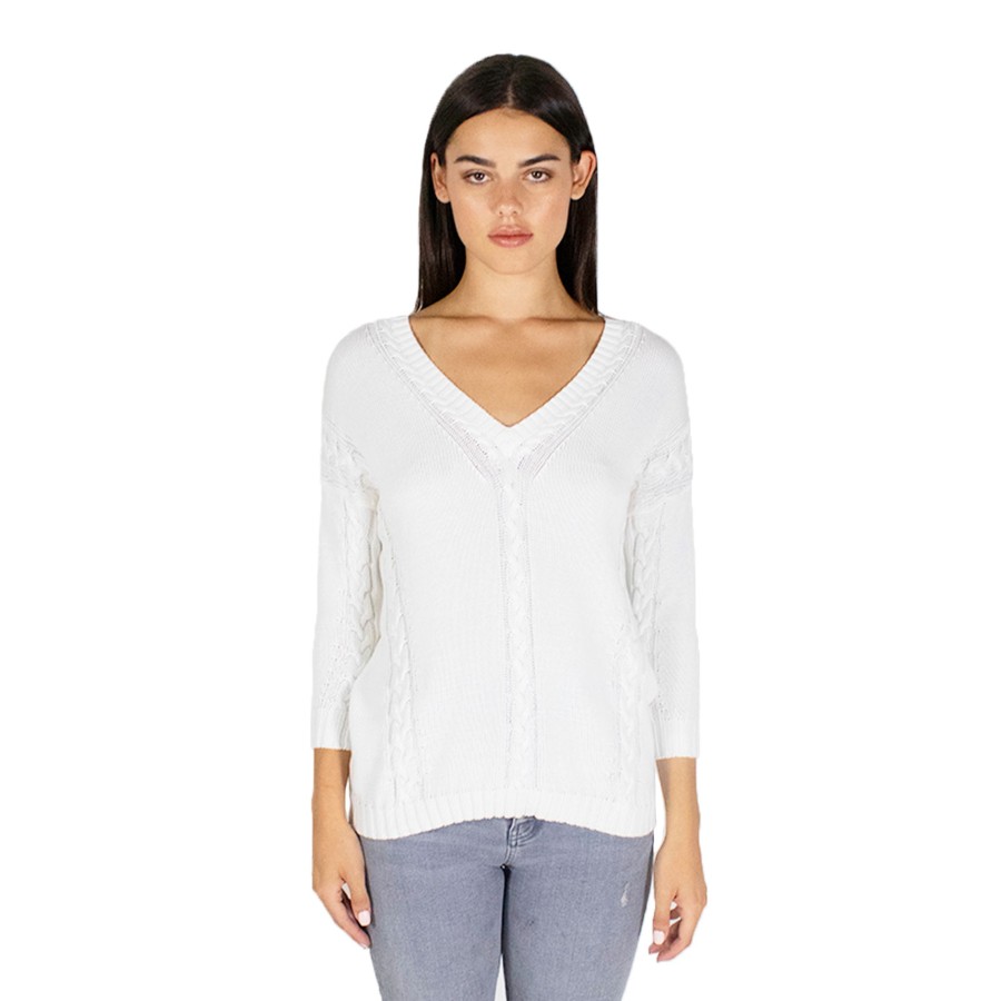 Autumn Cashmere Angled Cable V-Neck In Bleach White | Sweaters