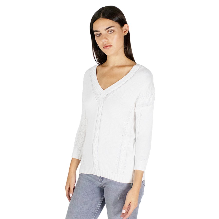 Autumn Cashmere Angled Cable V-Neck In Bleach White | Sweaters