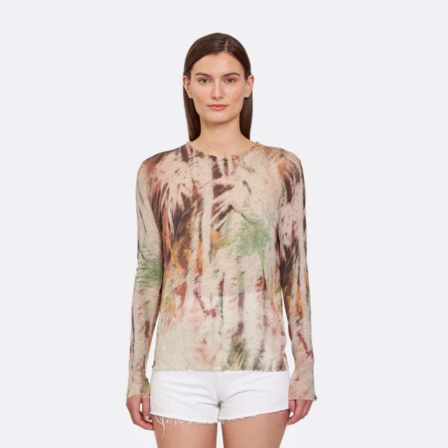 Autumn Cashmere Distressed Crew W/ Abstract Palm Print In Neutral Combo | Sweaters