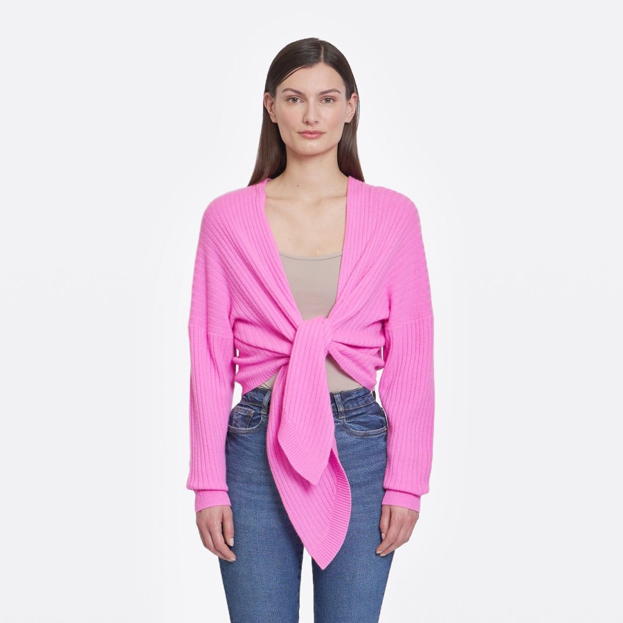 Autumn Cashmere Tie Front Rib Cardigan In Raspberry | Cardigans