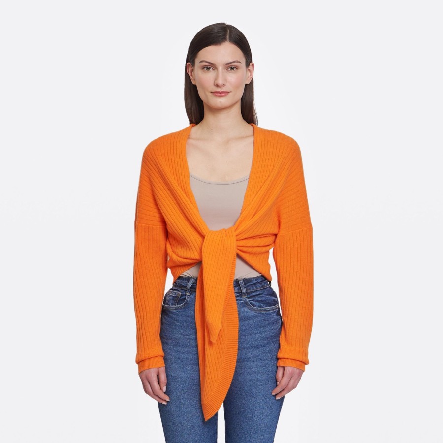 Autumn Cashmere Tie Front Rib Cardigan In Nectarine | Cardigans