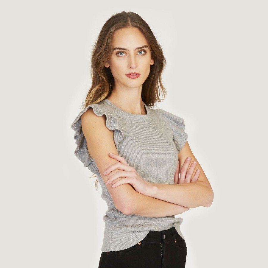 Autumn Cashmere Rib Flutter Shoulder Crew | Tops