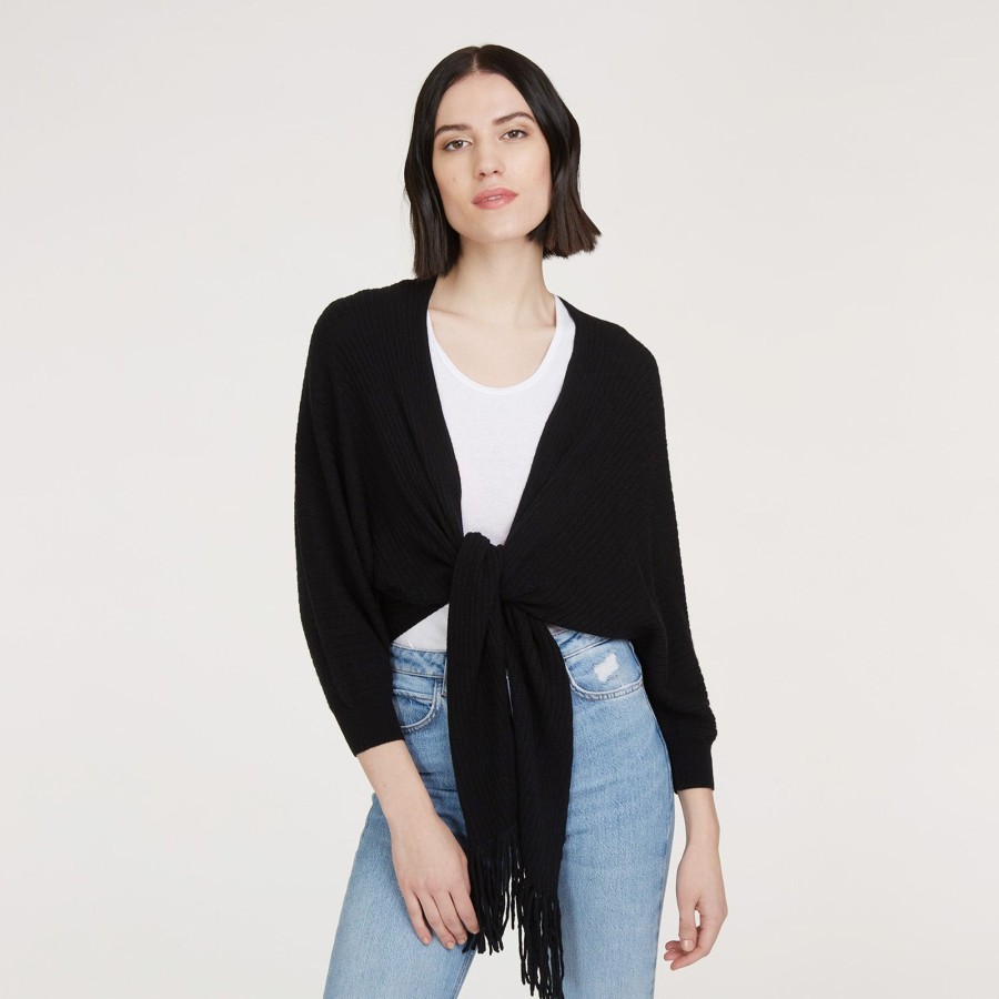 Autumn Cashmere Rib Fringed Tie Front Dolman In Black | Cardigans