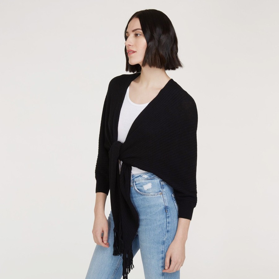 Autumn Cashmere Rib Fringed Tie Front Dolman In Black | Cardigans