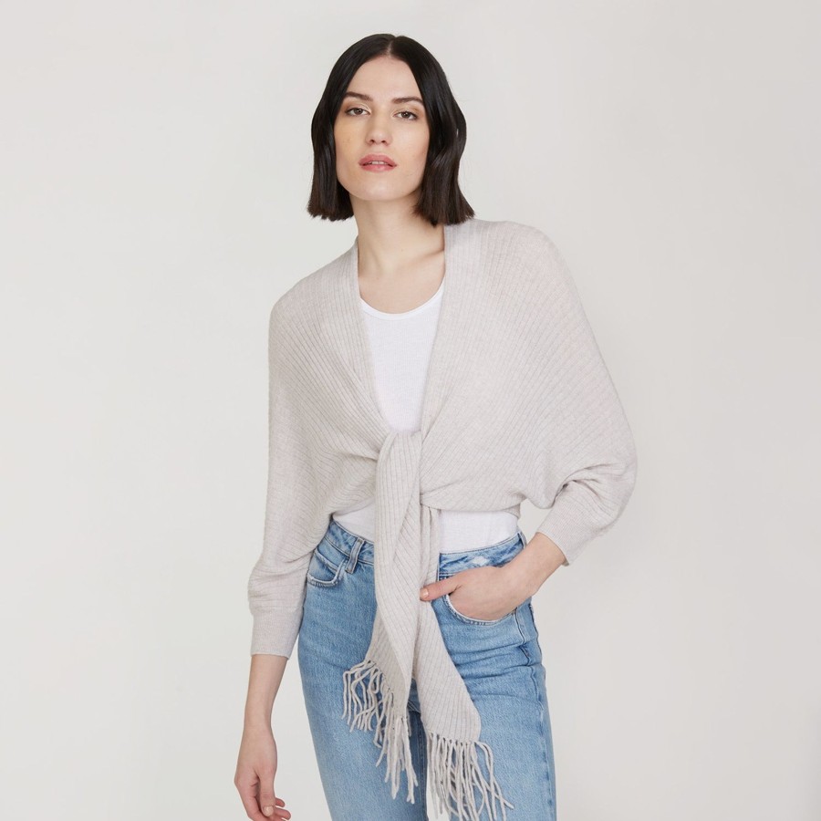 Autumn Cashmere Rib Fringed Tie Front Dolman In Birch | Cardigans