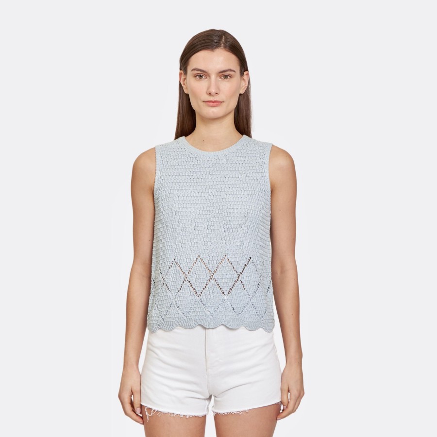 Autumn Cashmere Texture Stitch Shell W/ Pointell Diamond Border In Glacier | Tanks And Tees