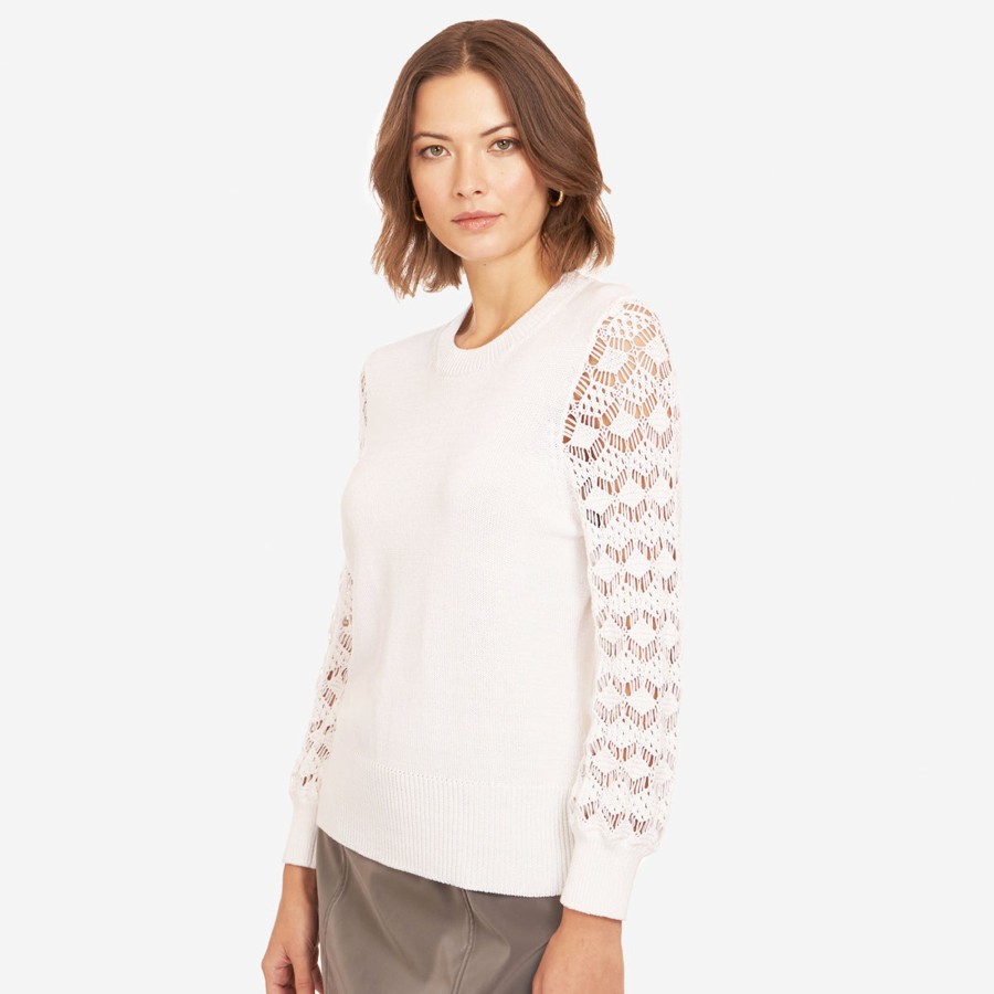 Autumn Cashmere Crewneck Diamond Stitch Sleeve In White | Sweaters