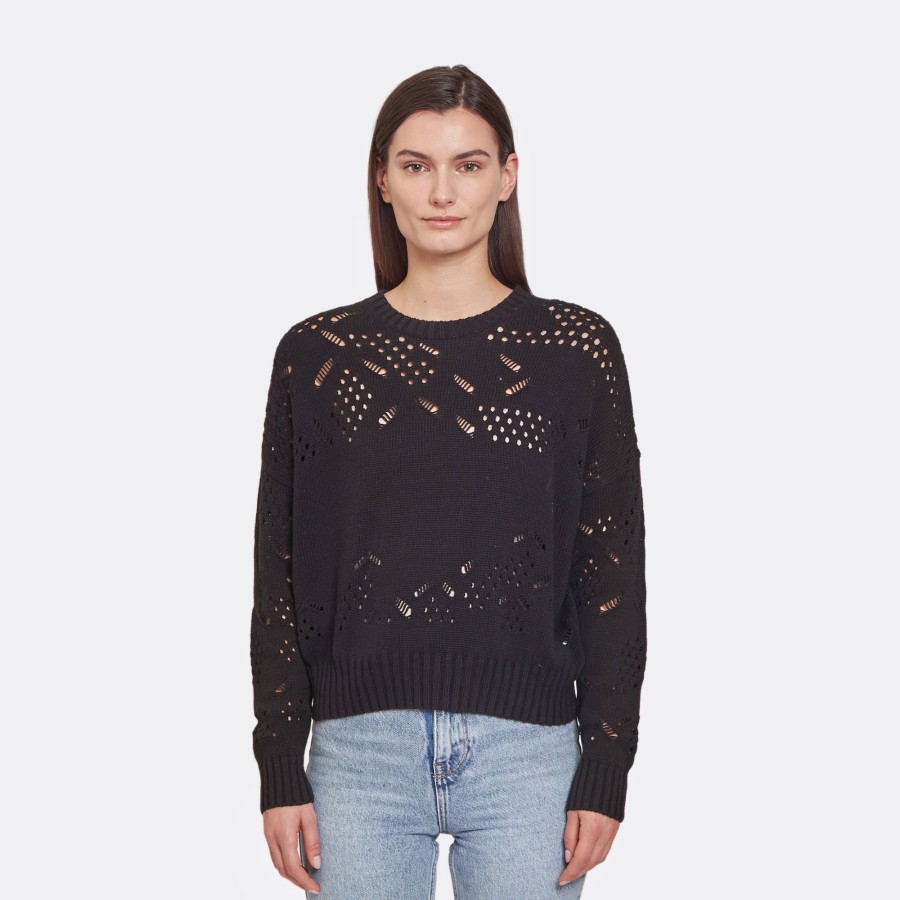 Autumn Cashmere Open Ladder Stitch Boxy Crew In Black | Sweaters