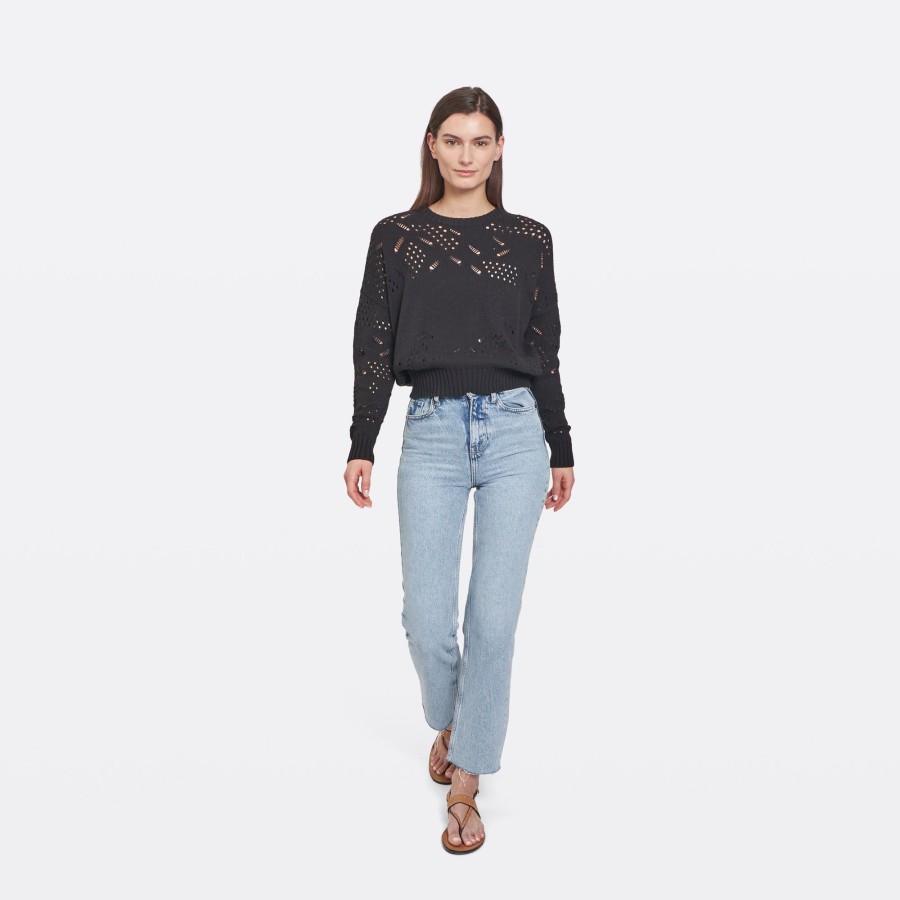 Autumn Cashmere Open Ladder Stitch Boxy Crew In Black | Sweaters