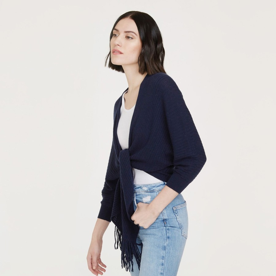 Autumn Cashmere Rib Fringed Tie Front Dolman In Navy | Cardigans