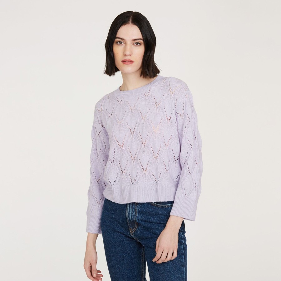 Autumn Cashmere Leaf Pointelle Cropped Boxy Crew In Horizon | Sweaters