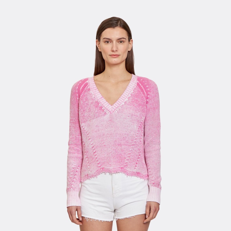 Autumn Cashmere Distressed Inked Scallop Shaker V In Lipstick | Sweaters