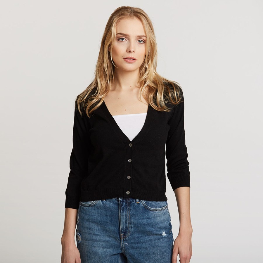 Autumn Cashmere 3/4 Sleeve V-Neck Baby Cardigan In Black | Cardigans