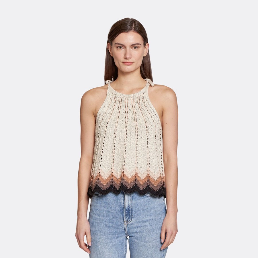 Autumn Cashmere Zig Zag Stitch Flared Halter Tank In Hemp Neutral Combo | Sweaters