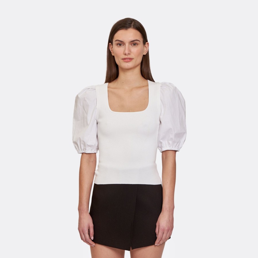 Autumn Cashmere Square Neck W/ Poplin Puff Sleeve In White | Sweaters