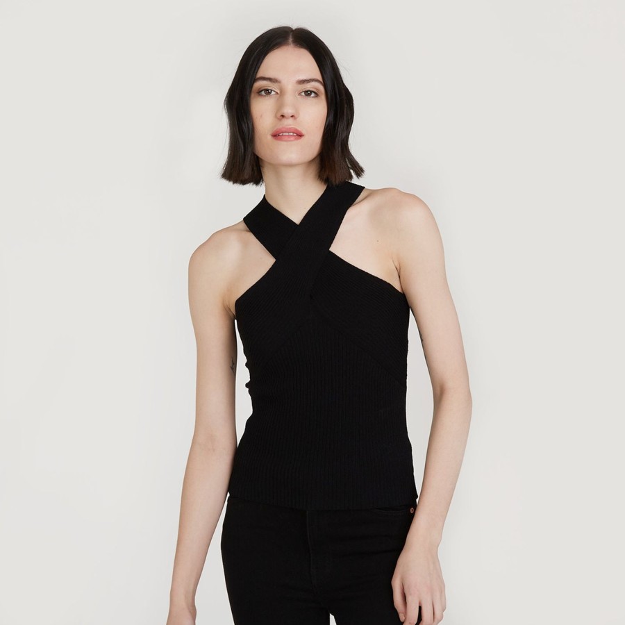 Autumn Cashmere Rib Crisscross Halter In Black | Tops