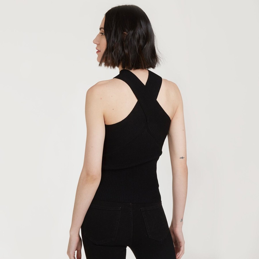 Autumn Cashmere Rib Crisscross Halter In Black | Tops