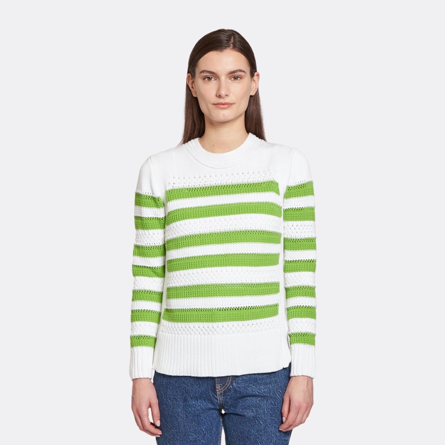 Autumn Cashmere Mixed Stitch Stripe Crew In Bleach White/Green Apple | Sweaters