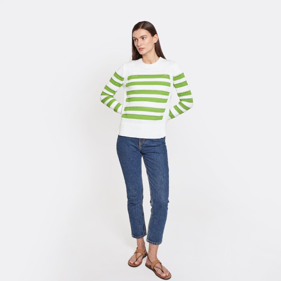 Autumn Cashmere Mixed Stitch Stripe Crew In Bleach White/Green Apple | Sweaters