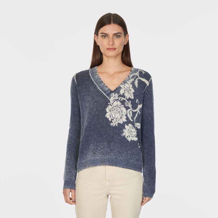 Autumn Cashmere Inked Asymmetric Floral V-Neck | Sweaters