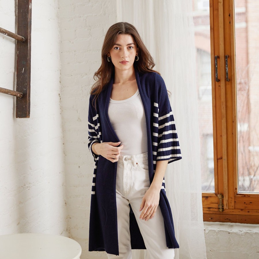 Autumn Cashmere Breton Stripe Shawl Collar Throw In Navy White | Cardigans