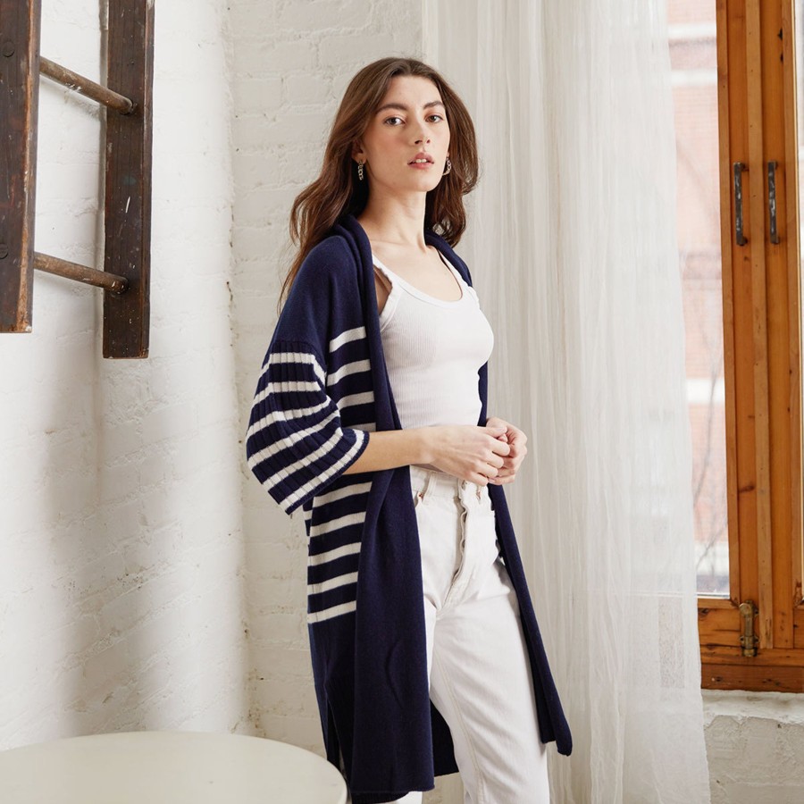 Autumn Cashmere Breton Stripe Shawl Collar Throw In Navy White | Cardigans