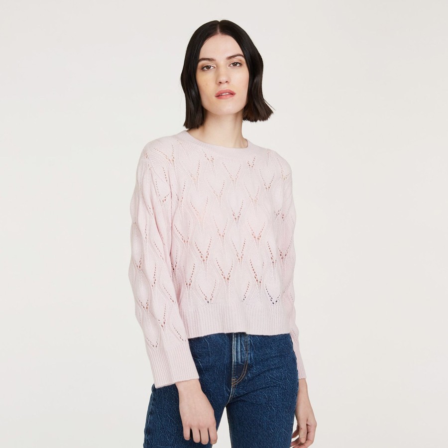 Autumn Cashmere Leaf Pointelle Cropped Boxy Crew In Cherry Blossom | Sweaters