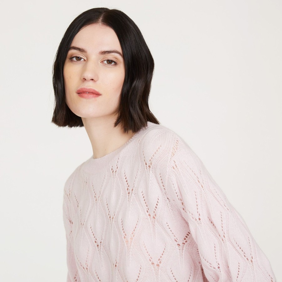 Autumn Cashmere Leaf Pointelle Cropped Boxy Crew In Cherry Blossom | Sweaters