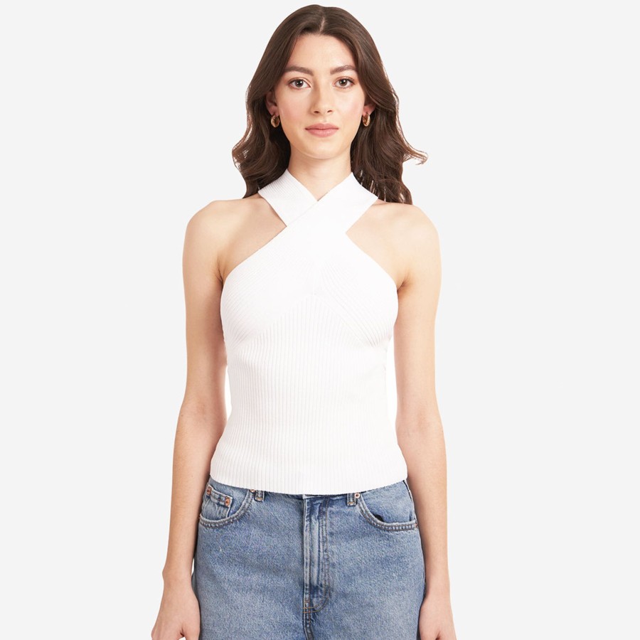 Autumn Cashmere Rib Crisscross Halter In White | Tops