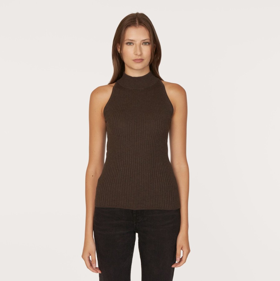 Autumn Cashmere Rib Mock Halter In Pumpernickel | Tops