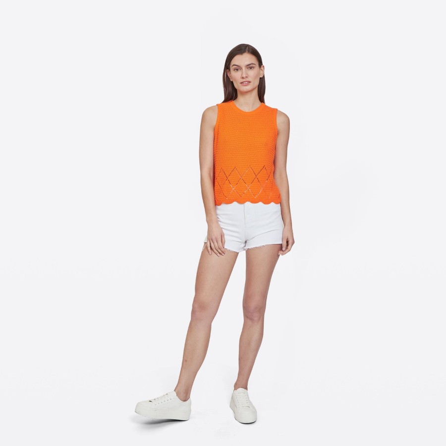 Autumn Cashmere Texture Stitch Shell W/ Pointell Diamond Border In Tangerine | Tanks And Tees