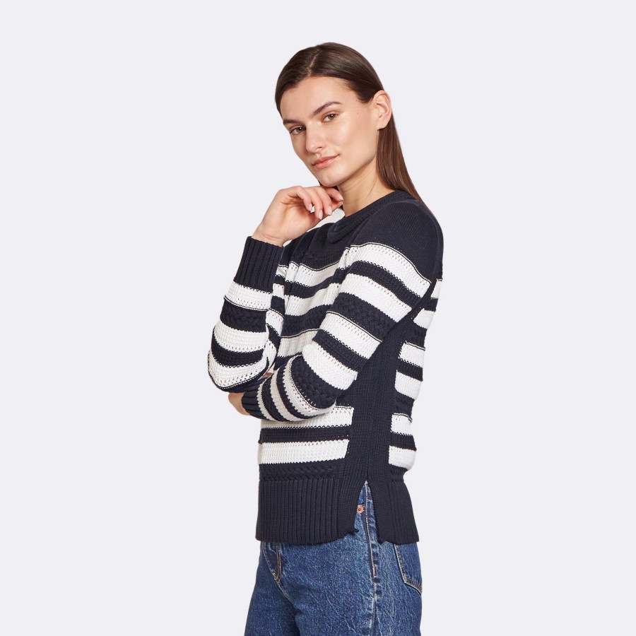 Autumn Cashmere Mixed Stitch Stripe Crew In Navy/Bleach | Sweaters