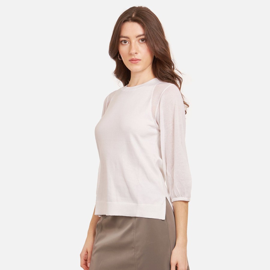 Autumn Cashmere Hi Lo Crew W/ Sheer Puff Sleeves In White | Sweaters