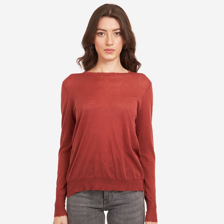 Autumn Cashmere Distressed Edge Crew In Sienna | Sweaters