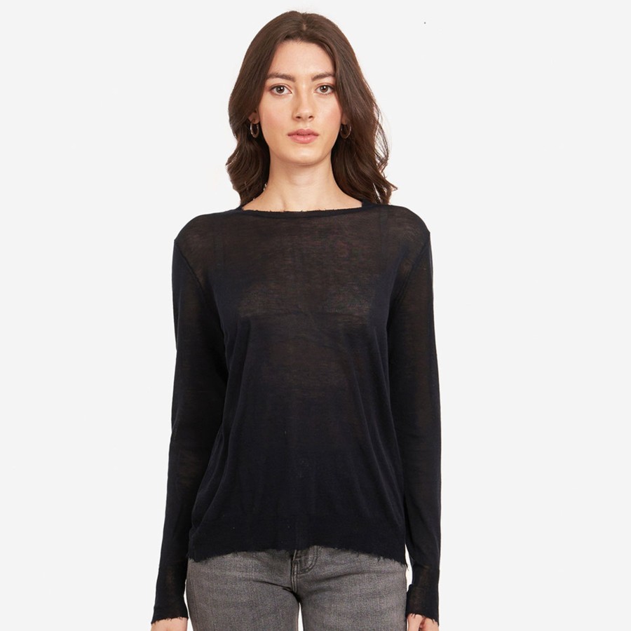 Autumn Cashmere Distressed Edge Crew In Navy Blue | Sweaters