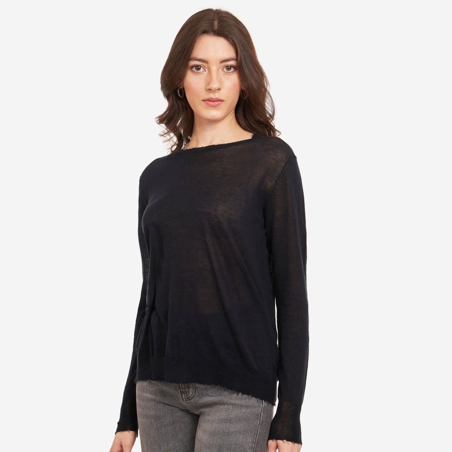 Autumn Cashmere Distressed Edge Crew In Navy Blue | Sweaters