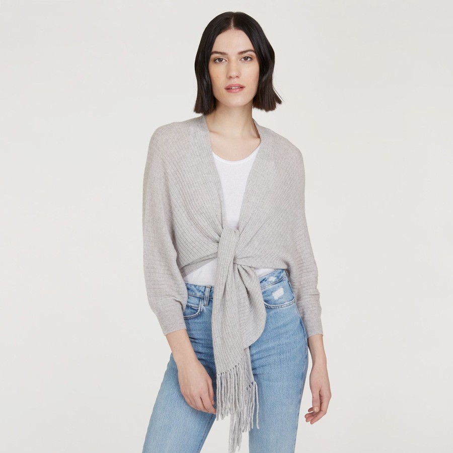 Autumn Cashmere Rib Fringed Tie Front Dolman In Fog | Cardigans