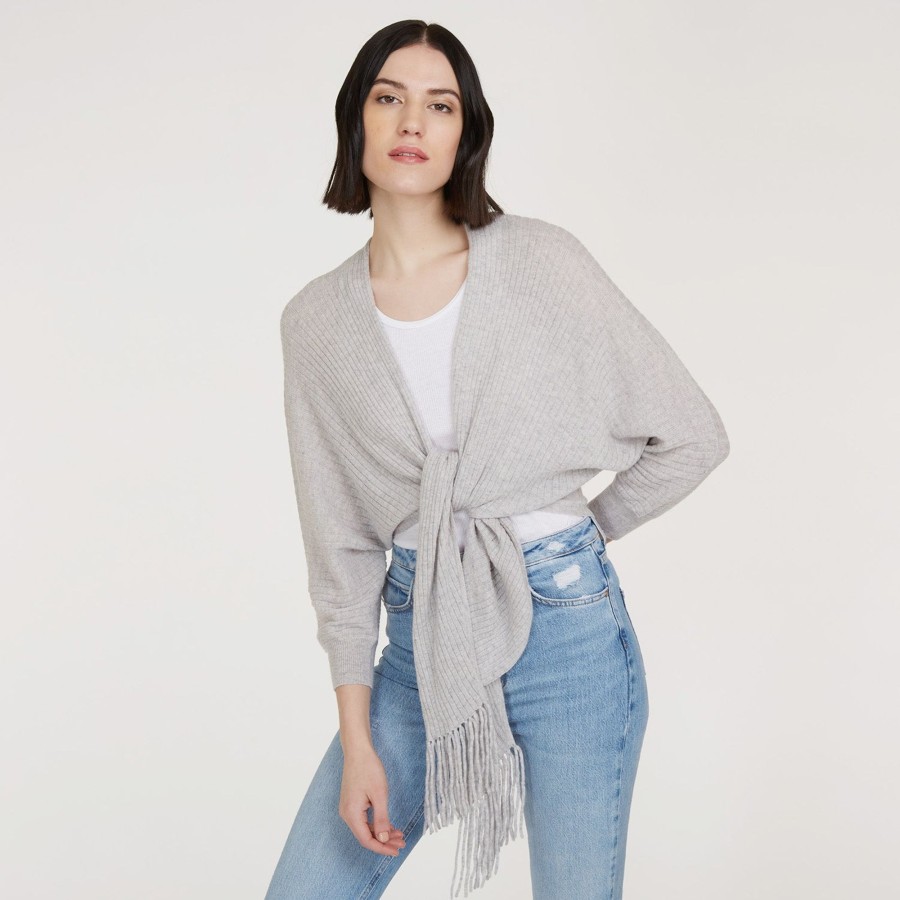 Autumn Cashmere Rib Fringed Tie Front Dolman In Fog | Cardigans