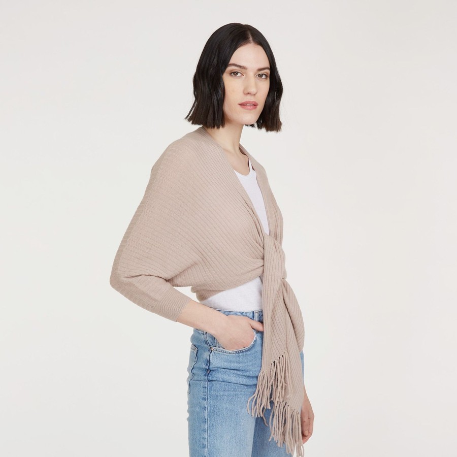 Autumn Cashmere Rib Fringed Tie Front Dolman In Fawn | Cardigans