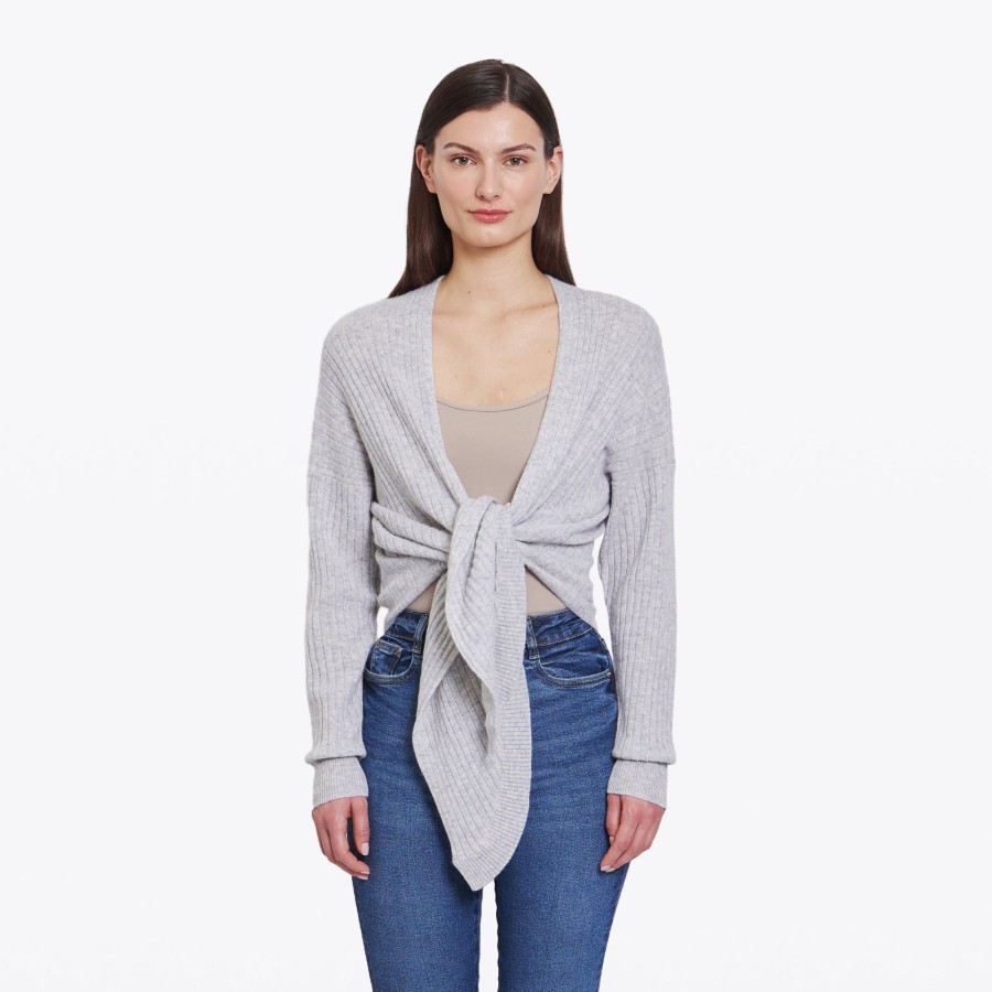 Autumn Cashmere Tie Front Rib Cardigan In Cinderblock | Cardigans