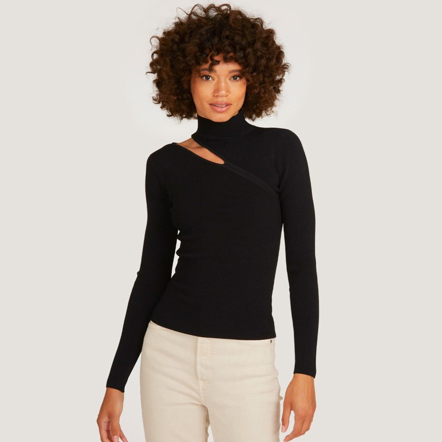 Autumn Cashmere L/S Slash Mock In Black | Tops