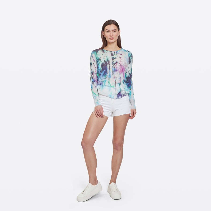 Autumn Cashmere Distressed Crew W/Abstract Palm Print In Blue Combo | Sweaters