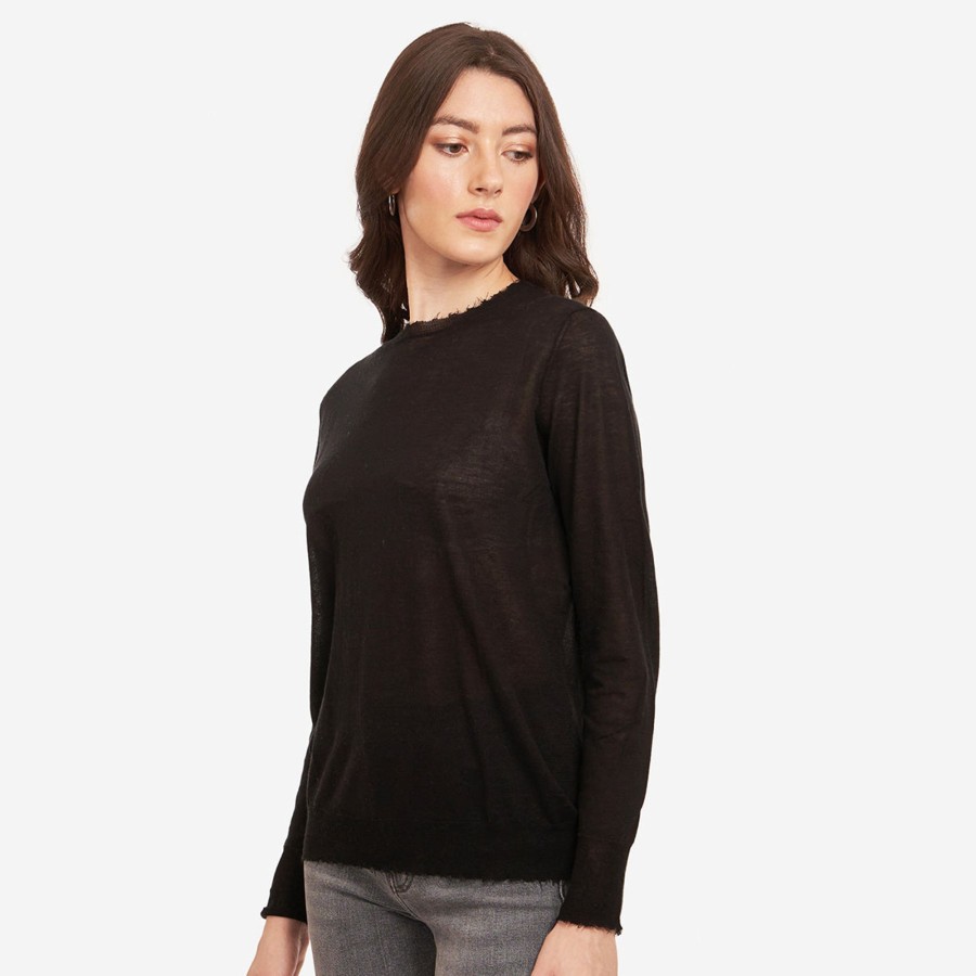 Autumn Cashmere Distressed Edge Crew In Black | Sweaters